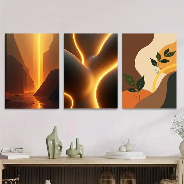 3pcs Modern Abstract Golden Landscape Vibrant Wall Art Set Canvas Framed 50x70cm – High Quality Print 100% Australian Made Wall Canvas Ready to Hang