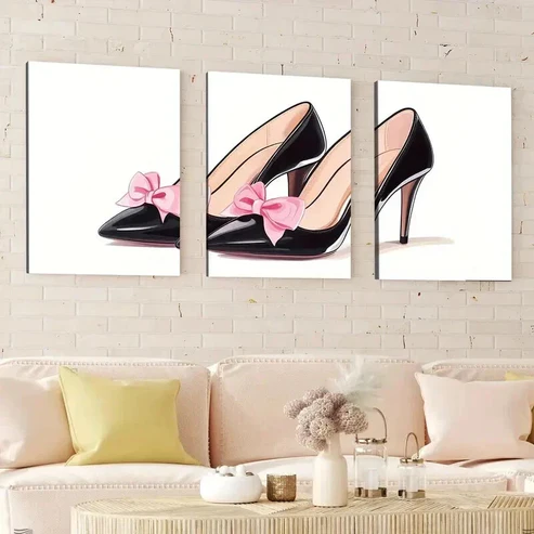 3pcs Black High Heels Pink Bows Modern White Wall Art Set Canvas Framed 40x60cm – High Quality Print 100% Australian Made Wall Canvas Ready to Hang