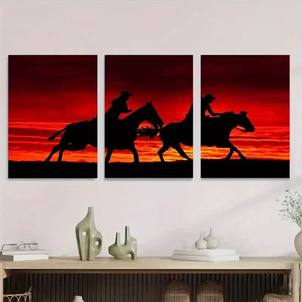 3pcs Silhouette Cowboy Horse Riding Sunset Wall Art Set Canvas Framed 50x70cm – High Quality Print 100% Australian Made Wall Canvas Ready to Hang