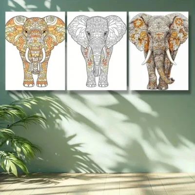 3pcs Stylized elephant Wall Art Painting Wall Art Set Canvas Framed 50x70cm - High Quality Print 100% Australian Made Wall Canvas Ready to Hang