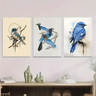 3pcs Blue Bird Watercolor Nature Bird Wall Art Set Canvas Framed 50x70cm - High Quality Print 100% Australian Made Wall Canvas Ready to Hang