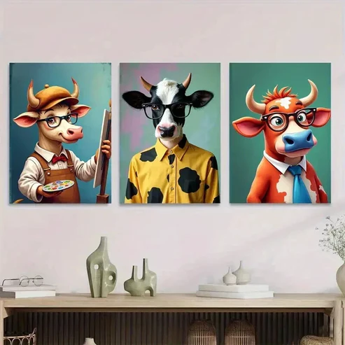 3pcs Colorful Cow Modern Farmhouse Animal Wall Art Set Canvas Framed 50x70cm – High Quality Print 100% Australian Made Wall Canvas Ready to Hang