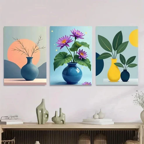 3pcs Bright Flower And Vase Triptych Modern Wall Art Set Canvas Framed 50x70cm – High Quality Print 100% Australian Made Wall Canvas Ready to Hang