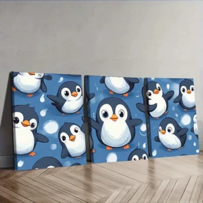 3pcs Cute Penguin Design Wall Art Set Canvas Framed 40x60cm - High Quality Print 100% Australian Made Wall Canvas Ready to Hang