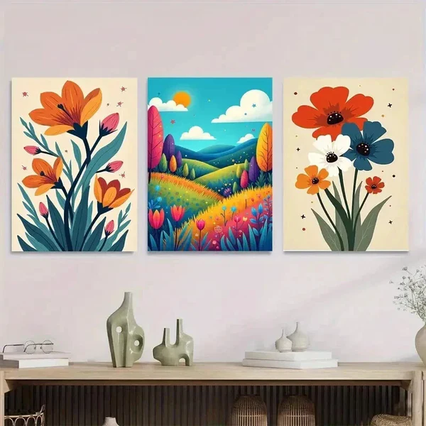 3pcs Colorful Floral Landscape Vibrant Modern Wall Art Set Canvas Framed 50x70cm – High Quality Print 100% Australian Made Wall Canvas Ready to Hang