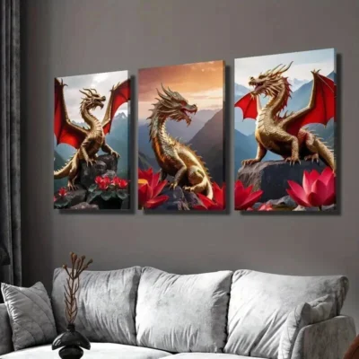 3pcs Golden Dragons with Red Wings Wall Art Set Canvas Framed 40x60cm - High Quality Print 100% Australian Made Wall Canvas Ready to Hang