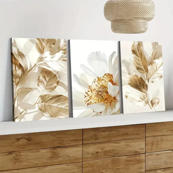 3pcs Modern Art Golden Leaf Floral Light Luxury Wall Art Set Canvas Framed 40x60cm – High Quality Print 100% Australian Made Wall Canvas Ready to Hang