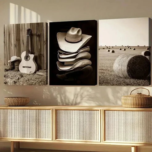3pcs Hats & Haystacks Music Guitars Vintage Wall Art Set Canvas Framed 40x60cm – High Quality Print 100% Australian Made Wall Canvas Ready to Hang