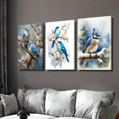 3pcs Blue Birds On Cherry Blossom Modern Classic Wall Art Set Canvas Framed 50x70cm - High Quality Print 100% Australian Made Wall Canvas Ready to Hang