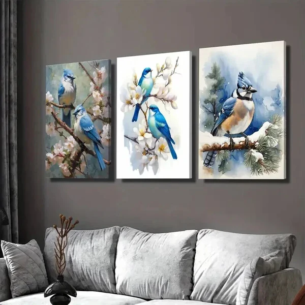 3pcs Blue Birds On Cherry Blossom Modern Classic Wall Art Set Canvas Framed 50x70cm – High Quality Print 100% Australian Made Wall Canvas Ready to Hang