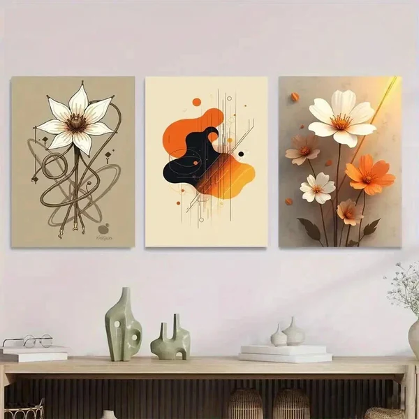 3pcs Elegant Floral Vibrant Orange Abstract Wall Art Set Canvas Framed 40x60cm – High Quality Print 100% Australian Made Wall Canvas Ready to Hang