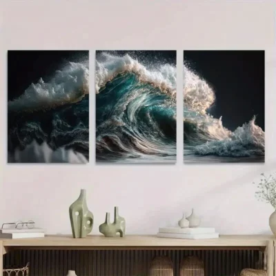 3pcs Ocean Wave Triptych Blue Sea Wall Art Set Canvas Framed 50x70cm - High Quality Print 100% Australian Made Wall Canvas Ready to Hang