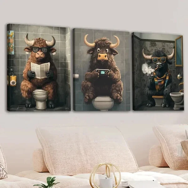 3pcs Highland Cows Smoke Game Grey Blue Golden Wall Art Set Canvas Framed 50x70cm – High Quality Print 100% Australian Made Wall Canvas Ready to Hang