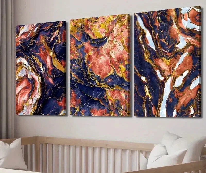 3pcs Modern Luxury Abstract Blue & Red Marble Wall Art Set Canvas Framed 40x60cm – High Quality Print 100% Australian Made Wall Canvas Ready to Hang