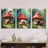 3pcs Mushroom House Triptych Forest Vibrant Wall Art Set Canvas Framed 50x70cm - High Quality Print 100% Australian Made Wall Canvas Ready to Hang