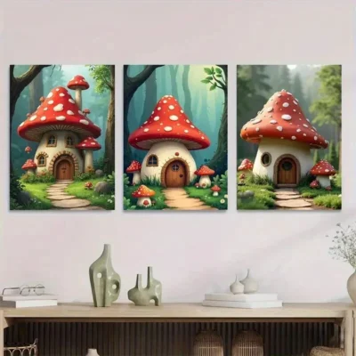 3pcs Mushroom House Triptych Forest Vibrant Wall Art Set Canvas Framed 50x70cm - High Quality Print 100% Australian Made Wall Canvas Ready to Hang