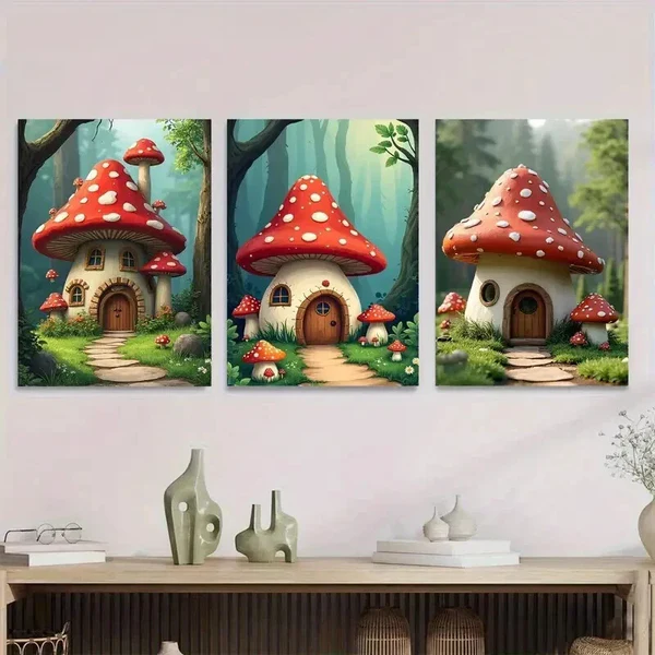 3pcs Mushroom House Triptych Forest Vibrant Wall Art Set Canvas Framed 50x70cm – High Quality Print 100% Australian Made Wall Canvas Ready to Hang