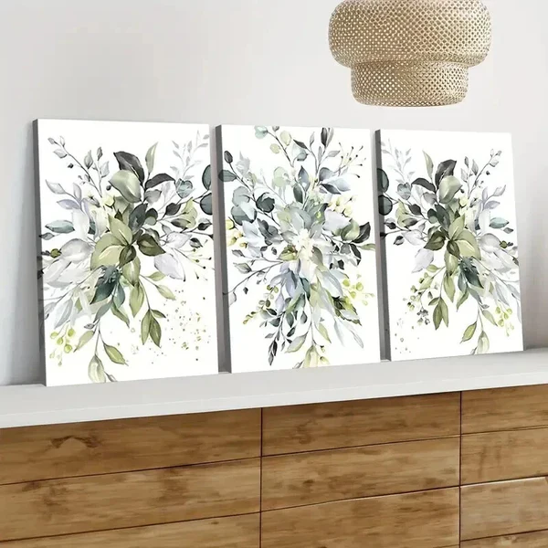 3pcs Elegant Floral Botanical Purple Green Blue Wall Art Set Canvas Framed 50x70cm – High Quality Print 100% Australian Made Wall Canvas Ready to Hang