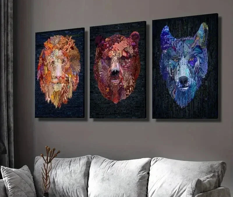 3pcs Vibrant Retro Lion Bear & Wolf Head Wall Art Set Canvas Framed 40x60cm – High Quality Print 100% Australian Made Wall Canvas Ready to Hang
