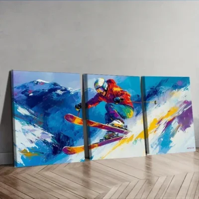 3pcs Paintings Featuring a Skier Wall Art Set Canvas Framed 50x70cm - High Quality Print 100% Australian Made Wall Canvas Ready to Hang
