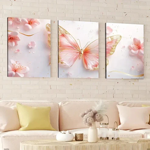 3pcs Abstract Geometric Pink & Golden Butterfly Wall Art Set Canvas Framed 40x60cm – High Quality Print 100% Australian Made Wall Canvas Ready to Hang