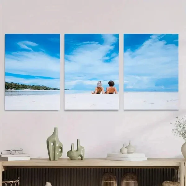 3pcs Beach Scene Palm Trees & Clear Blue Sky Wall Art Set Canvas Framed 50x70cm – High Quality Print 100% Australian Made Wall Canvas Ready to Hang