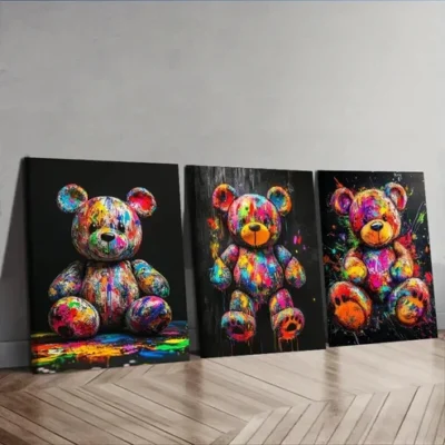 3pcs Colorful teddy bear graffiti Painting Wall Art Set Canvas Framed 50x70cm - High Quality Print 100% Australian Made Wall Canvas Ready to Hang