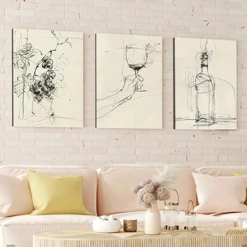 3pcs Vineyard Style Bottle Vintage Abstract Wall Art Set Canvas Framed 50x70cm – High Quality Print 100% Australian Made Wall Canvas Ready to Hang