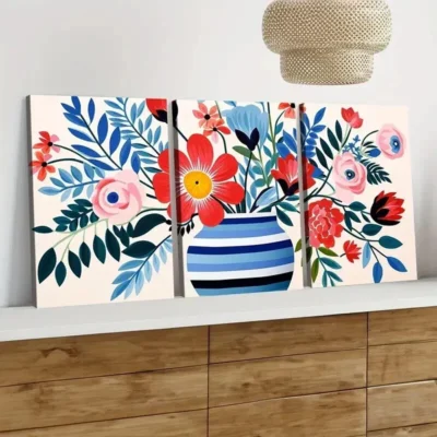3pcs Matisse Style Vase Wild Flowers Red & Blue Wall Art Set Canvas Framed 50x70cm - High Quality Print 100% Australian Made Wall Canvas Ready to Hang