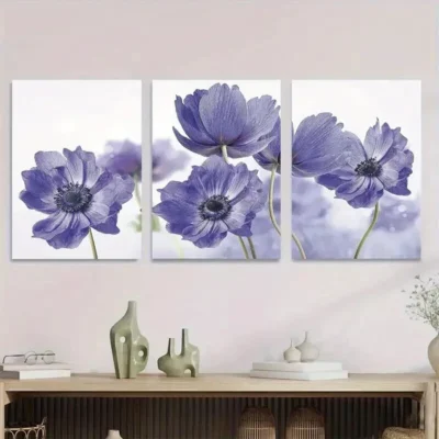 3pcs Purple Flower Classic Floral Painting Wall Art Set Canvas Framed 40x60cm - High Quality Print 100% Australian Made Wall Canvas Ready to Hang