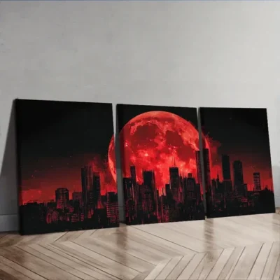 3pcs Big Red Moon Over Cityscape Wall Art Set Canvas Framed 40x60cm - High Quality Print 100% Australian Made Wall Canvas Ready to Hang