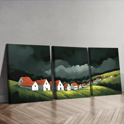3pcs A little village with red roofs Wall Art Set Canvas Framed 50x70cm - High Quality Print 100% Australian Made Wall Canvas Ready to Hang