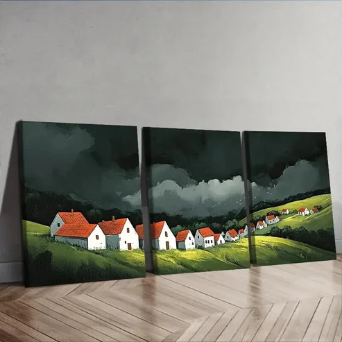 3pcs A little village with red roofs Wall Art Set Canvas Framed 50x70cm – High Quality Print 100% Australian Made Wall Canvas Ready to Hang
