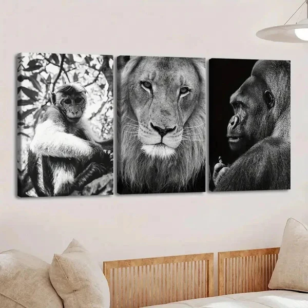 3pcs Vintage Black Animal Monkey Lion & Gorilla Wall Art Set Canvas Framed 50x70cm – High Quality Print 100% Australian Made Wall Canvas Ready to Hang
