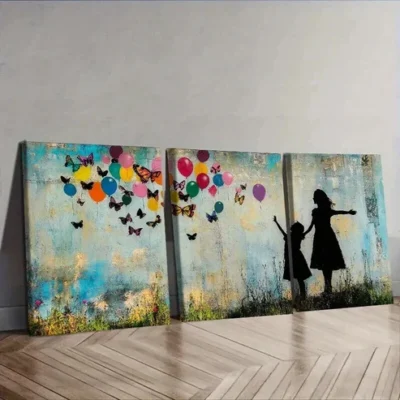 3pcs Little girl and butterfly balloon Wall Art Set Canvas Framed 50x70cm - High Quality Print 100% Australian Made Wall Canvas Ready to Hang