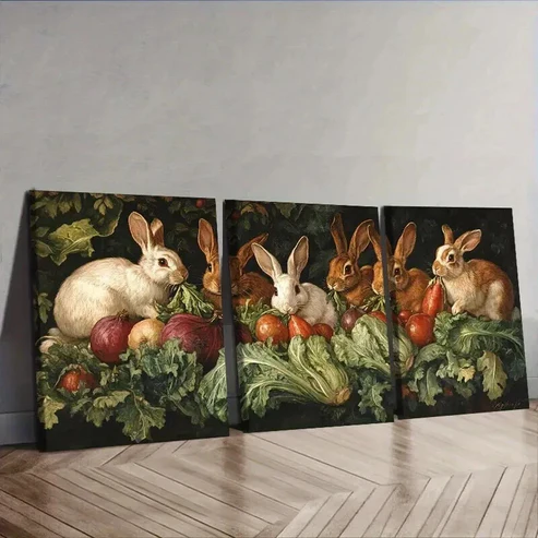 3pcs Classic Modern Rabbit Farm Wall Art Set Canvas Framed 50x70cm – High Quality Print 100% Australian Made Wall Canvas Ready to Hang