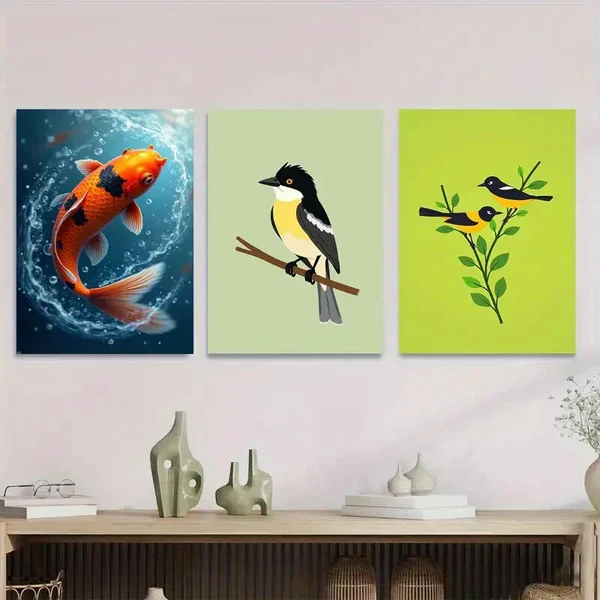 3pcs Colorful Fish and Birds Vibrant Nature Wall Art Set Canvas Framed 50x70cm – High Quality Print 100% Australian Made Wall Canvas Ready to Hang