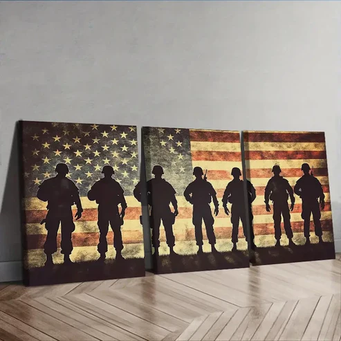 3pcs Soldiers in front of the American flag Wall Art Set Canvas Framed 40x60cm – High Quality Print 100% Australian Made Wall Canvas Ready to Hang