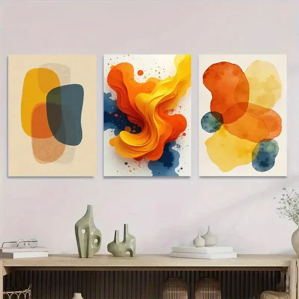 3pcs Modern Abstract Watercolor Vibrant Orange Wall Art Set Canvas Framed 50x70cm – High Quality Print 100% Australian Made Wall Canvas Ready to Hang