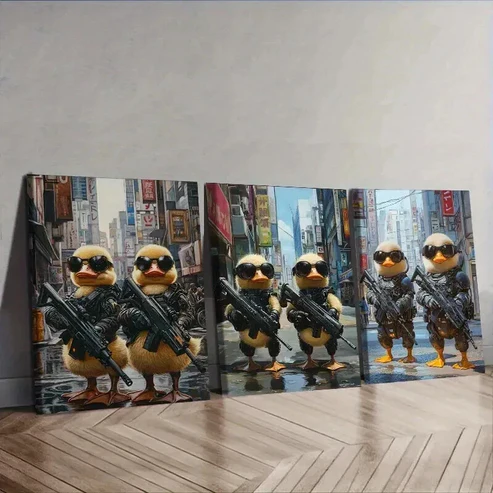3pcs Two cute baby ducks in cyberpunk armor Wall Art Set Canvas Framed 50x70cm – High Quality Print 100% Australian Made Wall Canvas Ready to Hang