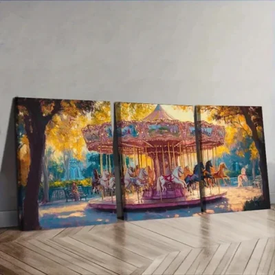 3pcs Pink Carousel Design Wall Art Set Canvas Framed 50x70cm - High Quality Print 100% Australian Made Wall Canvas Ready to Hang