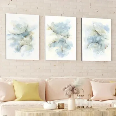 3pcs Abstract Blue Gray Brush Strokes White Wall Art Set Canvas Framed 50x70cm - High Quality Print 100% Australian Made Wall Canvas Ready to Hang
