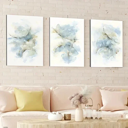 3pcs Abstract Blue Gray Brush Strokes White Wall Art Set Canvas Framed 50x70cm – High Quality Print 100% Australian Made Wall Canvas Ready to Hang