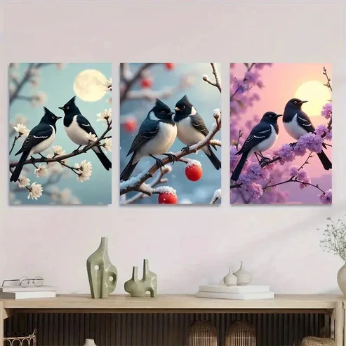 3pcs Charming Bird Beautiful Triptych Black Moon Wall Art Set Canvas Framed 50x70cm – High Quality Print 100% Australian Made Wall Canvas Ready to Hang