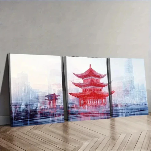 3pcs Chinese-style tower Traditional Wall Art Set Canvas Framed 50x70cm – High Quality Print 100% Australian Made Wall Canvas Ready to Hang