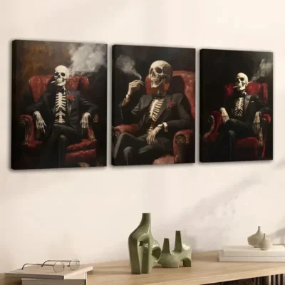3pcs Abstract Smoking Skeleton Rose Black Chair Wall Art Set Canvas Framed 50x70cm - High Quality Print 100% Australian Made Wall Canvas Ready to Hang