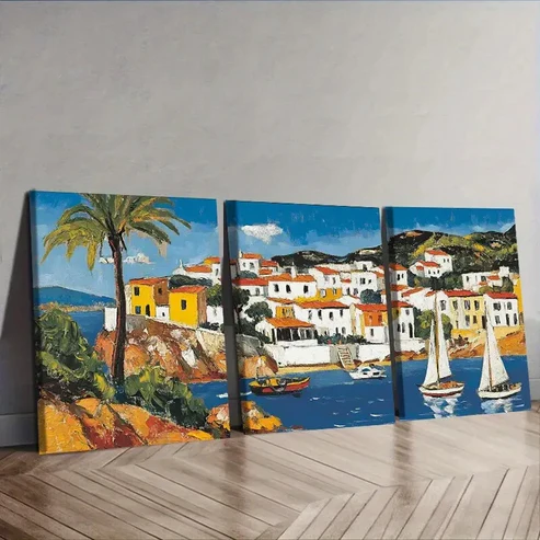 3pcs Caribbean houses and boats Wall Art Set Canvas Framed 40x60cm – High Quality Print 100% Australian Made Wall Canvas Ready to Hang