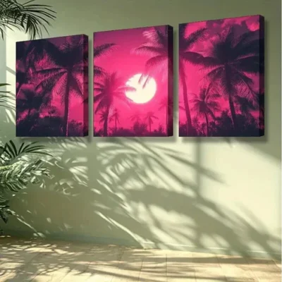 3pcs Vibrant Pink Palm Tree & Moon Night Wall Art Set Canvas Framed 50x70cm - High Quality Print 100% Australian Made Wall Canvas Ready to Hang