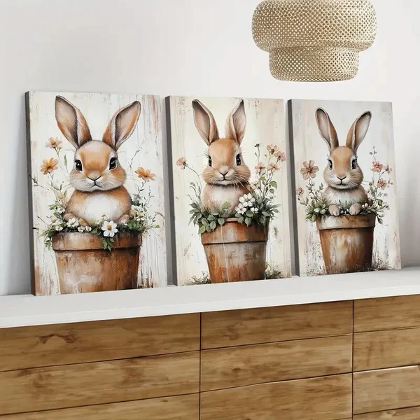 3pcs Cute Little Rabbit Flower Pot Elegant Wall Art Set Canvas Framed 40x60cm – High Quality Print 100% Australian Made Wall Canvas Ready to Hang