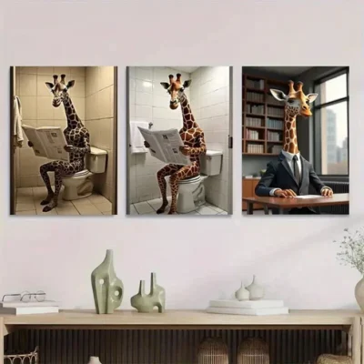 3pcs Giraffe Reading Newspapers Modern & Classic Wall Art Set Canvas Framed 50x70cm - High Quality Print 100% Australian Made Wall Canvas Ready to Hang